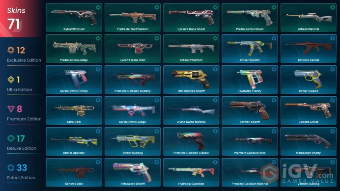 [AP]  71 SKINS 8 KNIFES ~ 45,225 VP Inventory value |   875 Valorant Points |   375 Radiant Points |   Bronze 1 Current rank