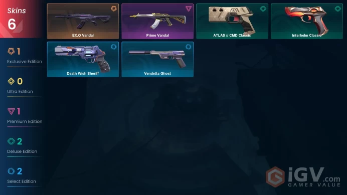 EU 5 skins | EX.O Vandal | Prime Vandal | ATLAS // CMD Classic | Vendetta Ghost | Death Wish Sheriff | V0002