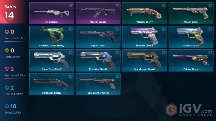 NA Full Access I 14 Skins Reaver Vandal + Ion Operrator + Soul Silencer Ghost + Artisan Ghost + Game Over Sheriff + more