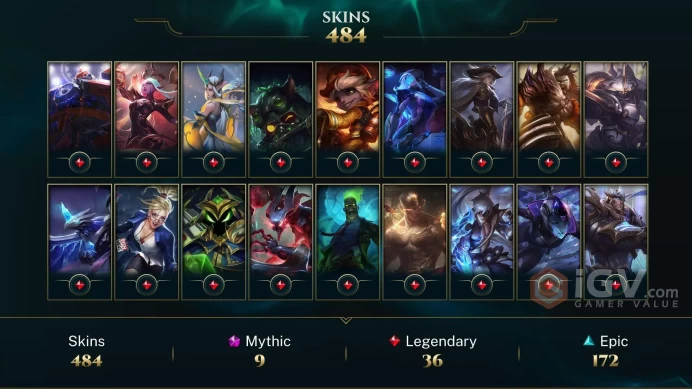 Email changeable 484 skins Prestige: Yasuo Lee 2x Riven Diana K'sante 129 Little legends Chibi Lee 167kBE 7k OE
