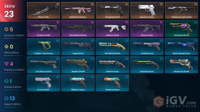 EU [ 23 TOP SKINS + 1 KNIFE ] Reaver Knife + Sentinels of Light Vandal + Mystbloom Phantom + Singularity Sheriff / full acces