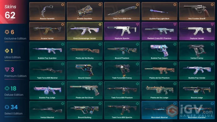 EU [ 62 TOP SKINS + 4 KNIFE ] Reaver Karambit + Evori Dreamwings Vandal + Neo Frontier Sheriff + Arcane Vandal / full acces