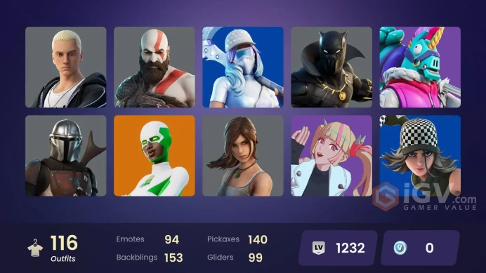 PC/PSN/Xbox/Nintendo 116 skins | OG STW Leviathan Axe | Lara Croft | Gold Kratos | Fixer | Subzero Cryptic | Sultura | Cloud Striker | Black Ada