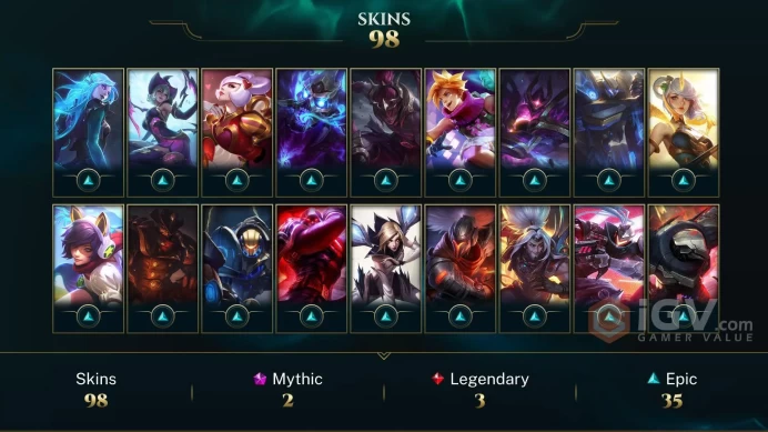 NA EMAIL CHANGEABLE 128 CHAMPIONS 98 SKINS Dawnbringer Karma 35 LITTLE LEGENDS Chibi K/DA ALL OUT Akali Urf the Manatee