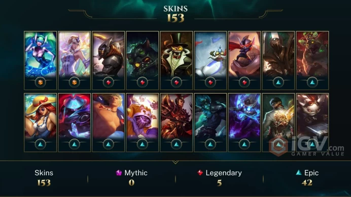 LAN(TRANSFERABLE) 141 CHAMPIONS 153 SKINS VICTORIOUS: GRAVES MAOKAI ORIANNA DJ SONA ELEMENTALIST LUX CS RIVEN ICON WREATH ICON LAST PLAY 2024