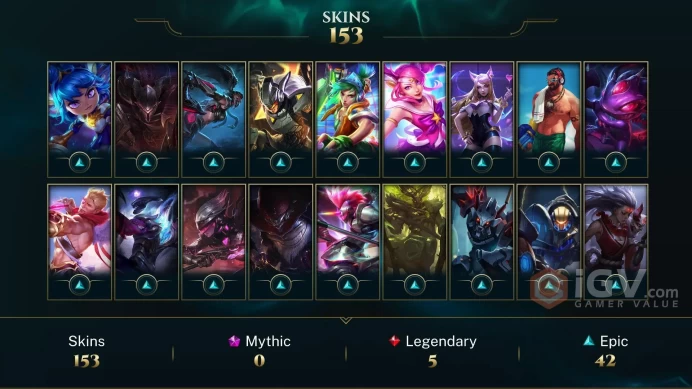 LAN(TRANSFERABLE) 141 CHAMPIONS 153 SKINS VICTORIOUS: GRAVES MAOKAI ORIANNA DJ SONA ELEMENTALIST LUX CS RIVEN ICON WREATH ICON LAST PLAY 2024
