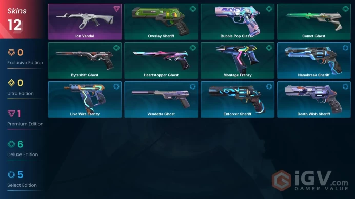AP 12 skins | Ion Vandal | Comet Ghost | Bubble Pop Classic | Byteshift Ghost | Heartstopper Ghost | Montage Frenzy | Overlay Sheriff | V0245