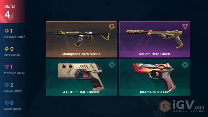 EU | 4 skins | Champions 2025 Vandal | Valiant Hero Ghost | ATLAS // CMD Classic | Interhelm Classic | Z4714