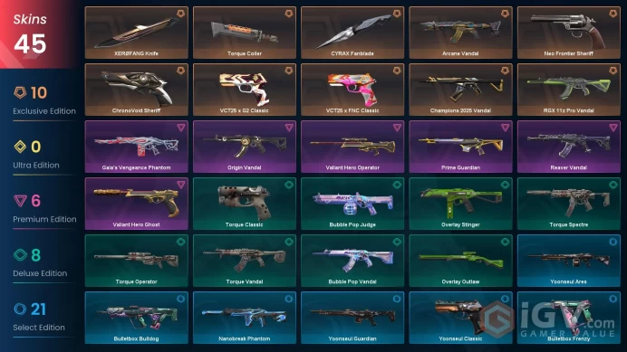 EU | 45 skins | Last Rank Platinum 2 | Champions 2025 Vandal | Arcane Vandal | XERØFANG Knife | CYRAX Fanblade | RGX 11z Pro Vandal | T4339