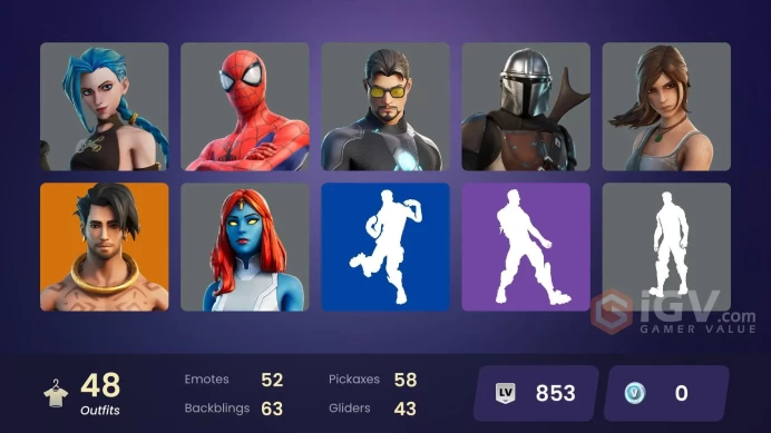 [PC/PSN/XBOX] 48 skins | Lara Croft | Square Up |  Arcane Jinx | Cloud Striker | Introducing... |  Raz | Mandalorian | Spider-Man | 0 VB
