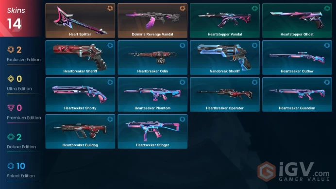 EU Full Access | 14 Skins Heart Splitter + Dolmir's Revenge Vandal + Heartseeker Phantom + Heartbreaker Sheriff + Heartstopper Ghost + more