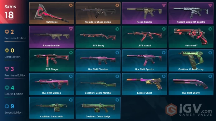 EUROPE / 18 SKINS / .SYS Melee / Prelude to Chaos Vandal / Recon Spectre / Radiant Crisis 001 Spectre / Recon Guardian / 91 LVL / 18 AGENTS