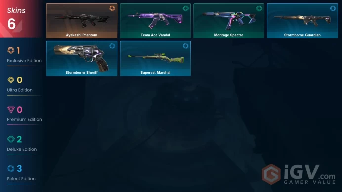 NA | 11 LVL | 2 Ag | 450 VP | 6 skins | Ayakashi Phantom | Montage Spectre | Team Ace Vandal | Superset Marshal | Stormborne Guardian |	V0066