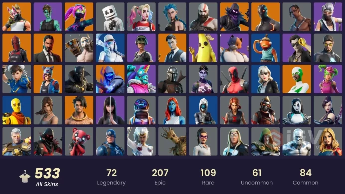 [PC] 533 skins | OG STW | Travis Scott | Rue | Kratos | Astro Jack | WORLD CUP | Gold Brutus | Gold Midas | Gold TNTina | 200 VB