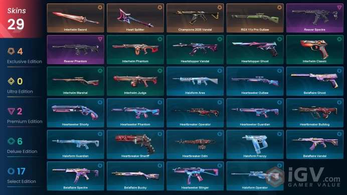 EU 29 skins 2 knifes | Champions 2025 Vandal | Heart Splitter | Interhelm Sword | RGX 11z Pro Outlaw | Reaver Phantom | Reaver Spectre | V0079