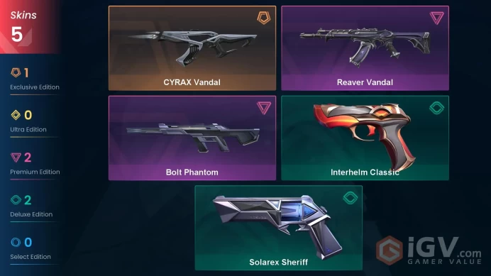 EU 5 skins | CYRAX Vandal | Bolt Phantom | Reaver Vandal | Solarex Sheriff | Interhelm Classic | V0195