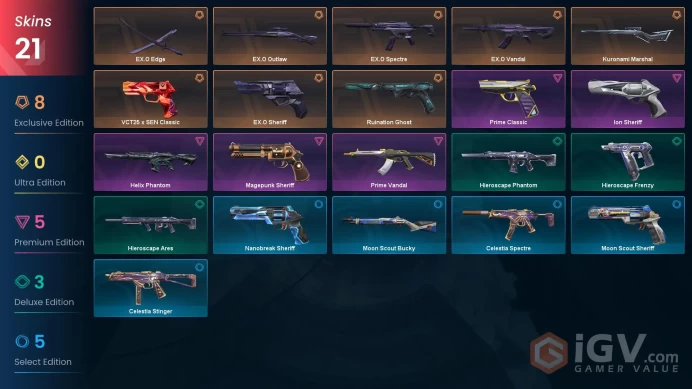 EU Full Access | Diamond 3 | 21 Skins EX.O Bundle + Prime Vandal + Helix Phantom + Kuronami Marshal + Ion Sheriff + more
