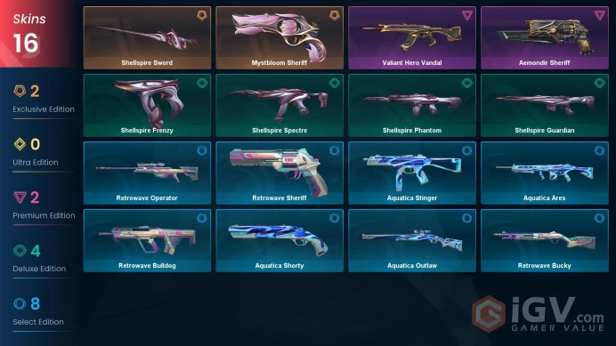 EU Full Access | 16 Skins Shellspire Sword + Valiant Hero Vandal + Aemondir Sheriff + Mystbloom Sheriff + Shellspire Spectre + more