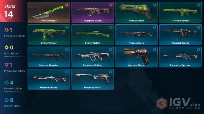 EU Full Access | 14 Skins Overlay Dagger + Magepunk Vandal + Overlay Phantom + Yoonseul Spectre + Frequency Ghost + more