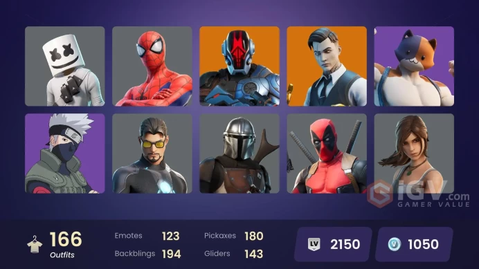 PC/PSN/Xbox/Nintendo 166 skins Leviathan Axe | Snake Eyes | Naruto Uzumaki | The Foundation | The Ageless | Nezumi | Valeria | Twyn | Midas | Th