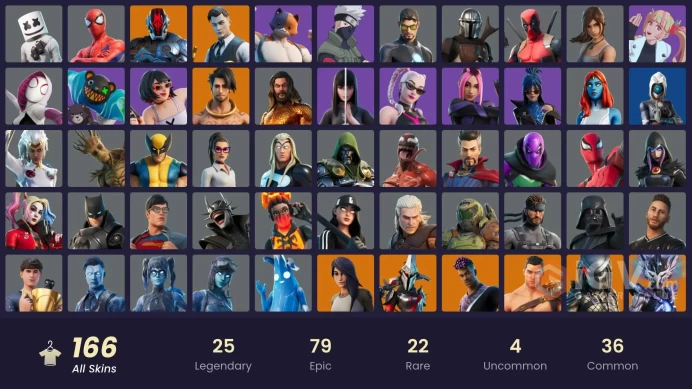 PC/PSN/Xbox/Nintendo 166 skins Leviathan Axe | Snake Eyes | Naruto Uzumaki | The Foundation | The Ageless | Nezumi | Valeria | Twyn | Midas | Th