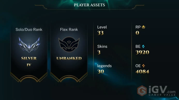 S16 Silver IV (0 LP) | EUW | BE: 3920 | CHAMPS: 30 | Arcade Ezreal | Victorious Tryndamere | Order of the Lotus Karma | EDG Yuumi | True Damage