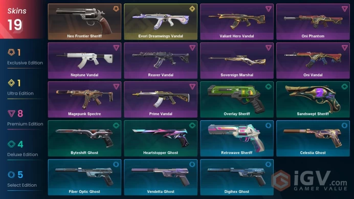 EU Full Access | 19 Skins Evori Dreamwings Vandal+Neo Frontier Sheriff+Oni Phantom+Reaver Vandal+Prime Vandal+Magepunk Spectre+more