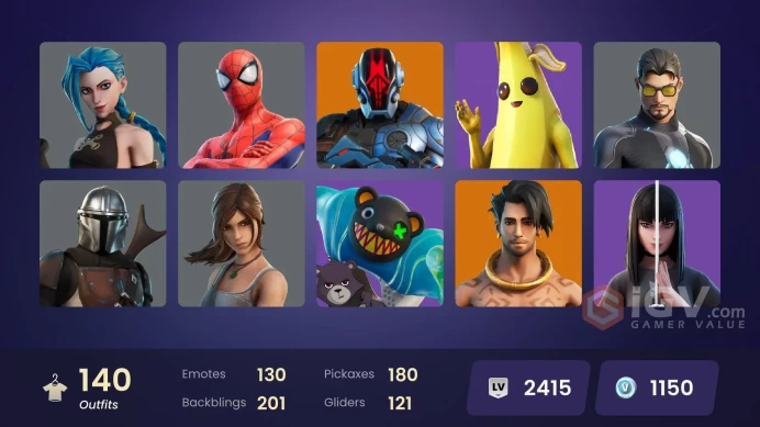 [ALL PLATFORMS]-Arcane Jinx-140 Skins-178 Pickaxes-130 Emotes-120 Gliders-FULL ACCESS-1,050 VB-