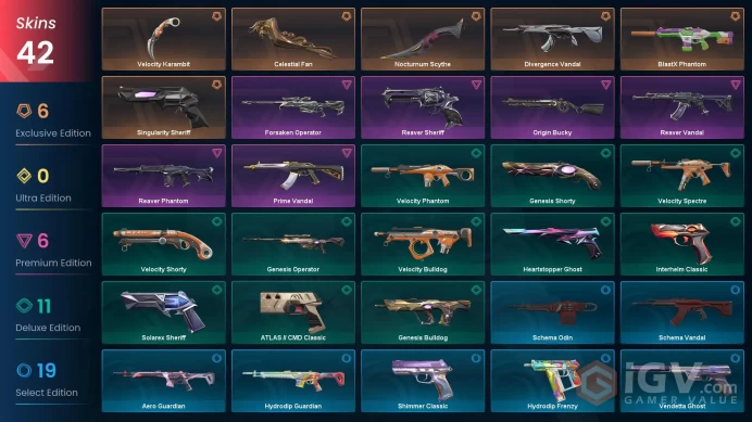 Latam | Nocturnum Scythe, Reaver Vandal, Prime Vandal, Reaver Phantom, Singularity Sheriff, Reaver Sheriff, Divergence Vandal, Celestial Fan
