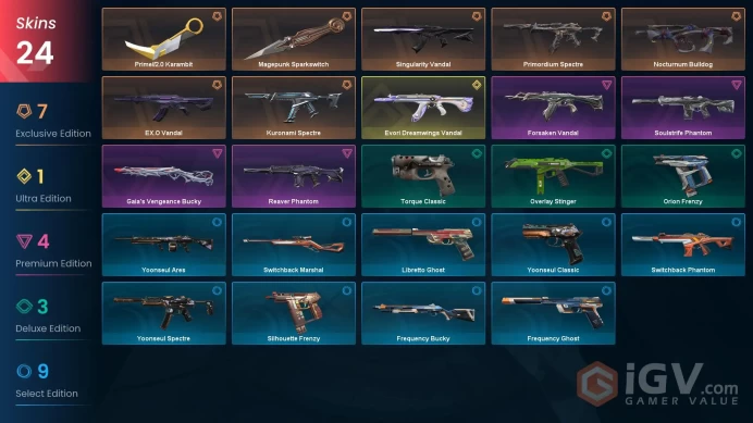 EU | 24 skins | Evori Dreamwings Vandal | EX.O Vandal | Magepunk Sparkswitch | Prime//2.0 Karambit | Singularity Vandal | O7430