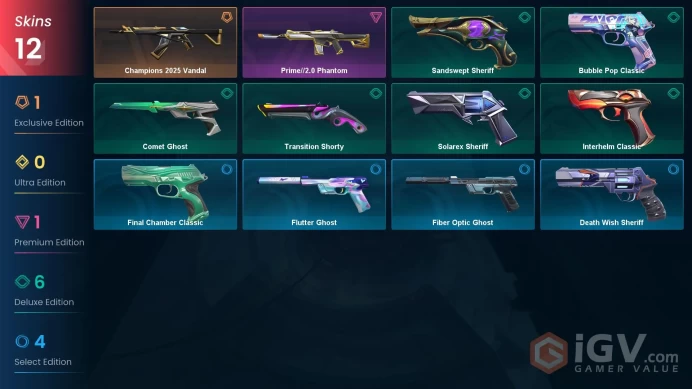 EU | 12 skins | Champions 2025 Vandal | Prime//2.0 Phantom | Solarex Sheriff | Transition Shorty | Comet Ghost | Bubble Pop Classic | G5831