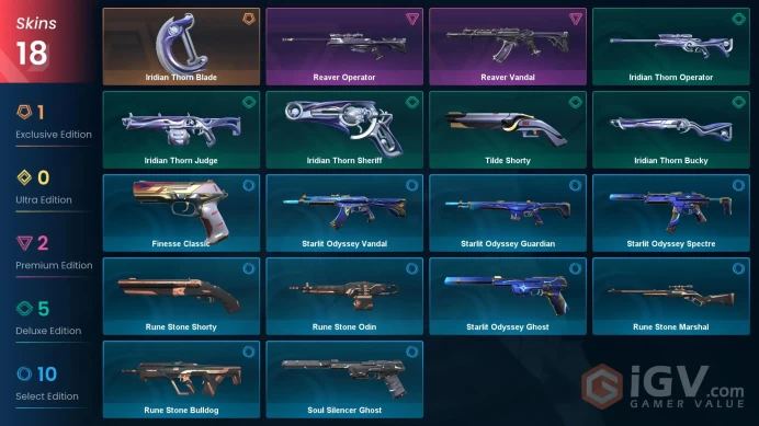 EU Full Access | 18 Skins Iridian Thorn Blade + Reaver Vandal + Reaver Operator + Starlit Odyssey Spectre + Iridian Thorn Sheriff + more 