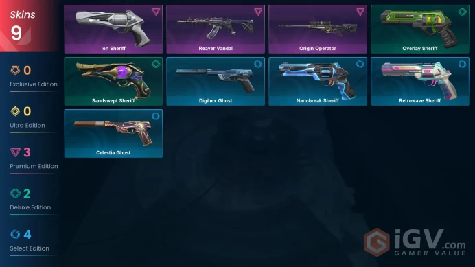 EU Full Access | 9 Skins Reaver Vandal + Ion Sheriff + Origin Operator + Retrowave Sheriff + Celestia Ghost + more