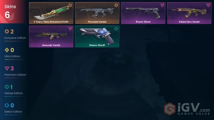 EU 6 skins 1 knifes | Kuronami Vandal | 5 Years // Beta Remastered Knife | Reaver Ghost | Aemondir Vandal | Valiant Hero Vandal | V0181