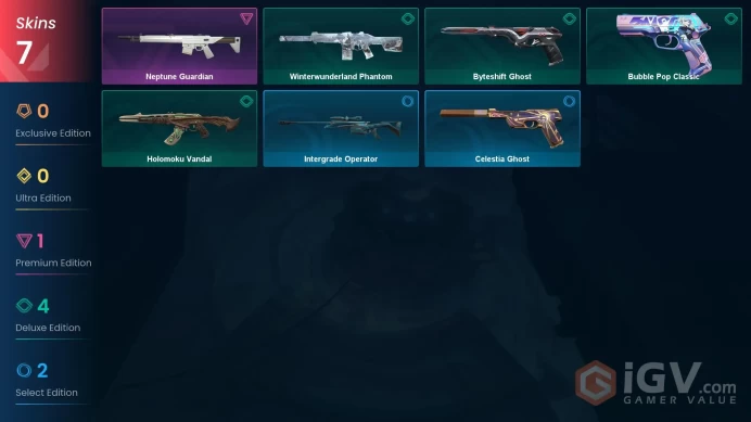 LA | 510 VP | 7 skins | Neptune Guardian | Winterwunderland Phantom | Bubble Pop Classic | Byteshift Ghost | Holomoku Vandal |	V0222