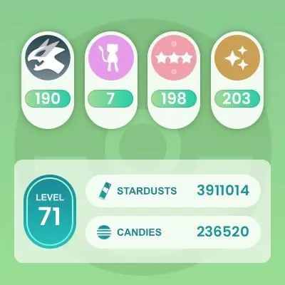 Level 71, 2 Legendary IV100, 16 Pokemon 3000CP+, 203 Shiny, 190 Legendary, 198 IV 100, 16 Shiny Legendary, 53 Shadow Legendary