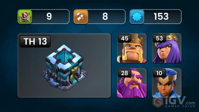 TH 13 | XP 153 | HEROES 45/53/42/28/10 | WAR STAR 837 | NAME CHANGE AVAILABLE | CHEAP RATE ACCOUNT | INSTANT DELIVERY 