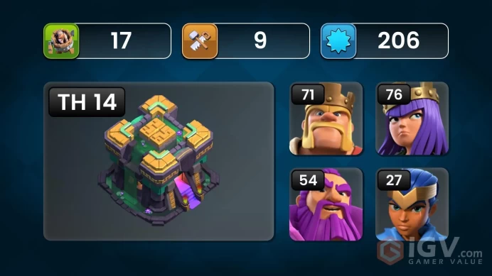 TH 14 | XP 206 | HEROES 71/76/43/54/26/ | WAR STAR 2202 | AMAZING EQUIPMENT (4 EPIC) | SAFE ACCOUNT | INSTANT DELIVERY 
