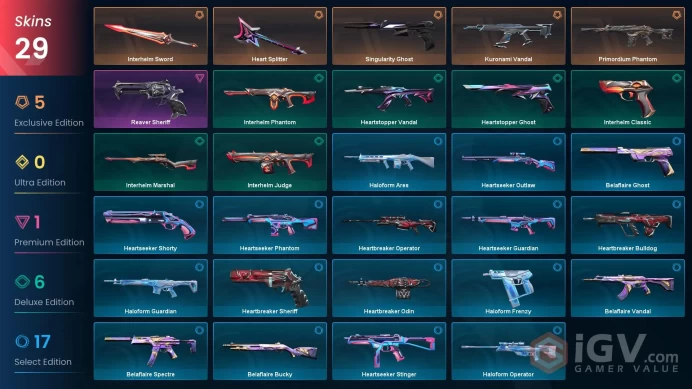 EU | 55 LVL | 13 Ag | 250 VP | 29 skins | Kuronami Vandal | Singularity Ghost | Heart Splitter | Primordium Phantom | Interhelm Sword | V0034