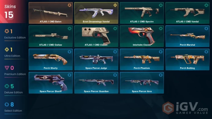 EU | 56 LVL | 15 Ag | 175 VP | 15 skins | Evori Dreamwings Vandal | ATLAS // CMD Baton | ATLAS 4 | Perch 4 | Space Piercer |	V0024