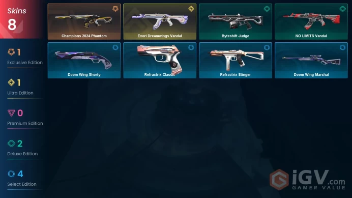 EU\TUR | 34 VP | 8 skins | Evori Dreamwings Vandal | Champions 2024 Phantom | Byteshift Judge | NO LIMITS Vandal | Doom Wing Marshal |	V0186
