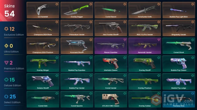 EU [ 54 TOP SKINS + 6 KNIFE ] Ion Karambit + Champions 2024 Blade + Champions 2024 Phantom + Primordium Vandal / full acces