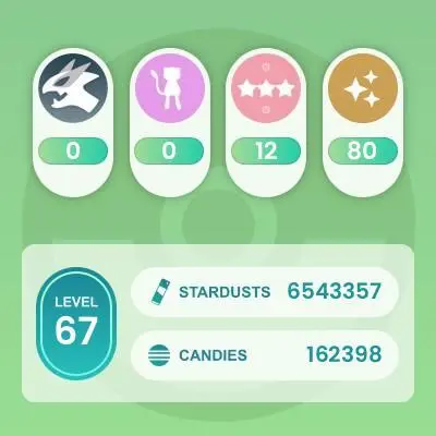 #1722 Level 67, 257 Pokemon, 80 Shiny, 0 Legend, 12 IV 100, 0 Shiny Legend, 0 Shadow Legend, Bag Items 925, 6M Stardust