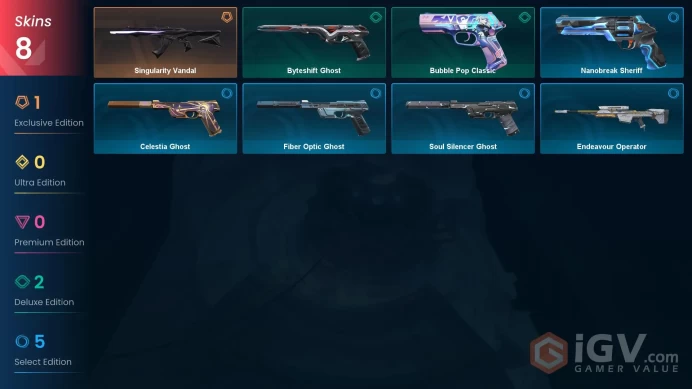  EU  8 SKINS  VALUE: 3050 VP  Singularity Vandal  Bubble Pop Classic  RANKED READY  105 LEVEL  EpbxP 