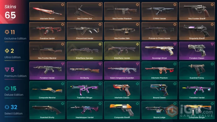 EU - 65 Skins Neo Frontier Axe Elderflame Vandal Chaos Vandal Overdrive Vandal Forsaken Vandal ChronoVoid Vandal Sakura Vandal # 1021961 