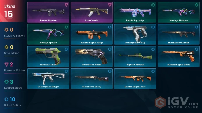 EU Full Access | 15 Skins Prime Vandal + Reaver Phantom + Montage Spectre + Stormborne Sheriff + Montage Phantom + more