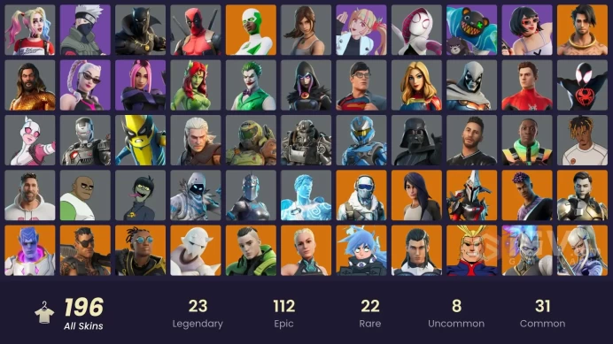 FA | Change mail | 196 skins | Tart Tycoon | Vivi Chroma | Naruto Uzumaki | Mizuki | Paradigm (Reality-659) | Fade | Midas Rex | Backlash