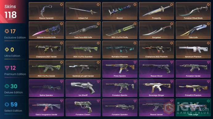NA | Champions 2021 Vandal, Reaver Karambit, Forsaken Bundle, RGX 11z Pro Firefly, Sentinels of Light Vandal, Reaver Vandal, Spectrum Phantom