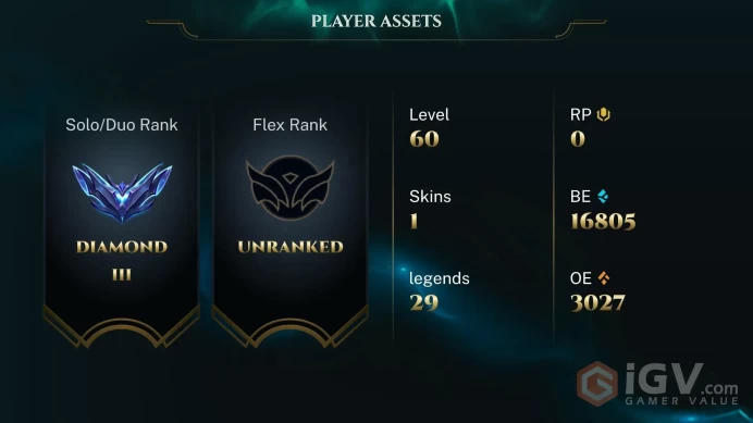 Diamond 3 // Euw // 23LP // LVL 60 // 16.8k BE // 29 Champion // HANDMADE // HIGH MMR +27LP