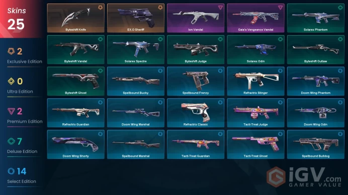 EU | 25 skins | Byteshift Knife | Ion Vandal | Gaia's Vengeance Vandal | EX.O Sheriff | Byteshift Ghost | Solarex Spectre | Solarex Odin | G3359